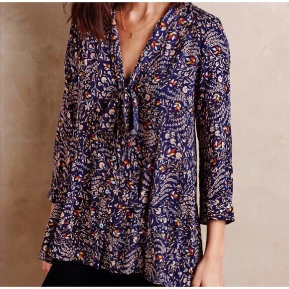 Maeve Anthropologie Floral Blouse Tie Neck Sz Small High Low Multicolor - Read - Picture 2 of 10
